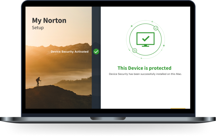 Obraz komputera Macbook z komunikatem Moje urządzenie Norton jest chronione.